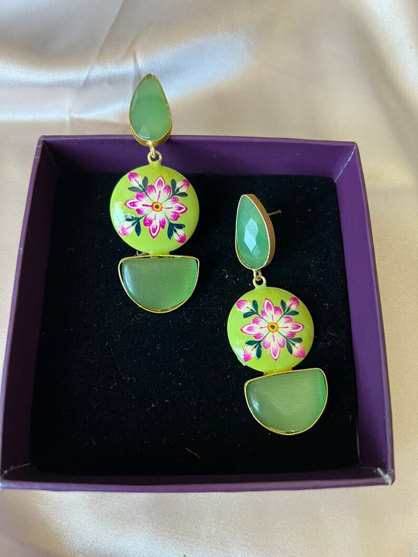 Gold and Light Green earring with Minakari and Monalisa Stone