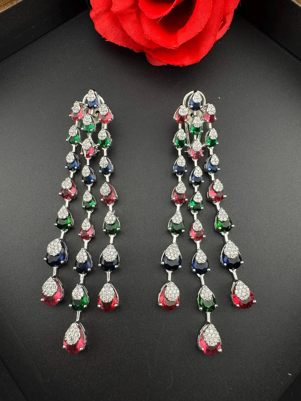 Premium Cubic Zirconia and Crystal stone in multicolor Statement Long earrings