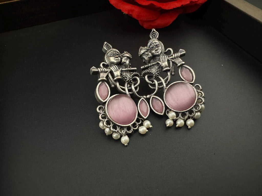 Silver Polish Oxidized German Silver Radhe Krishna Earrings with stones and Pearls