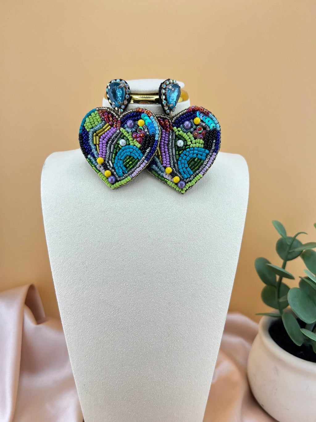 Colorful Heart Shaped Beaded earrings, quirky Handmade earrings