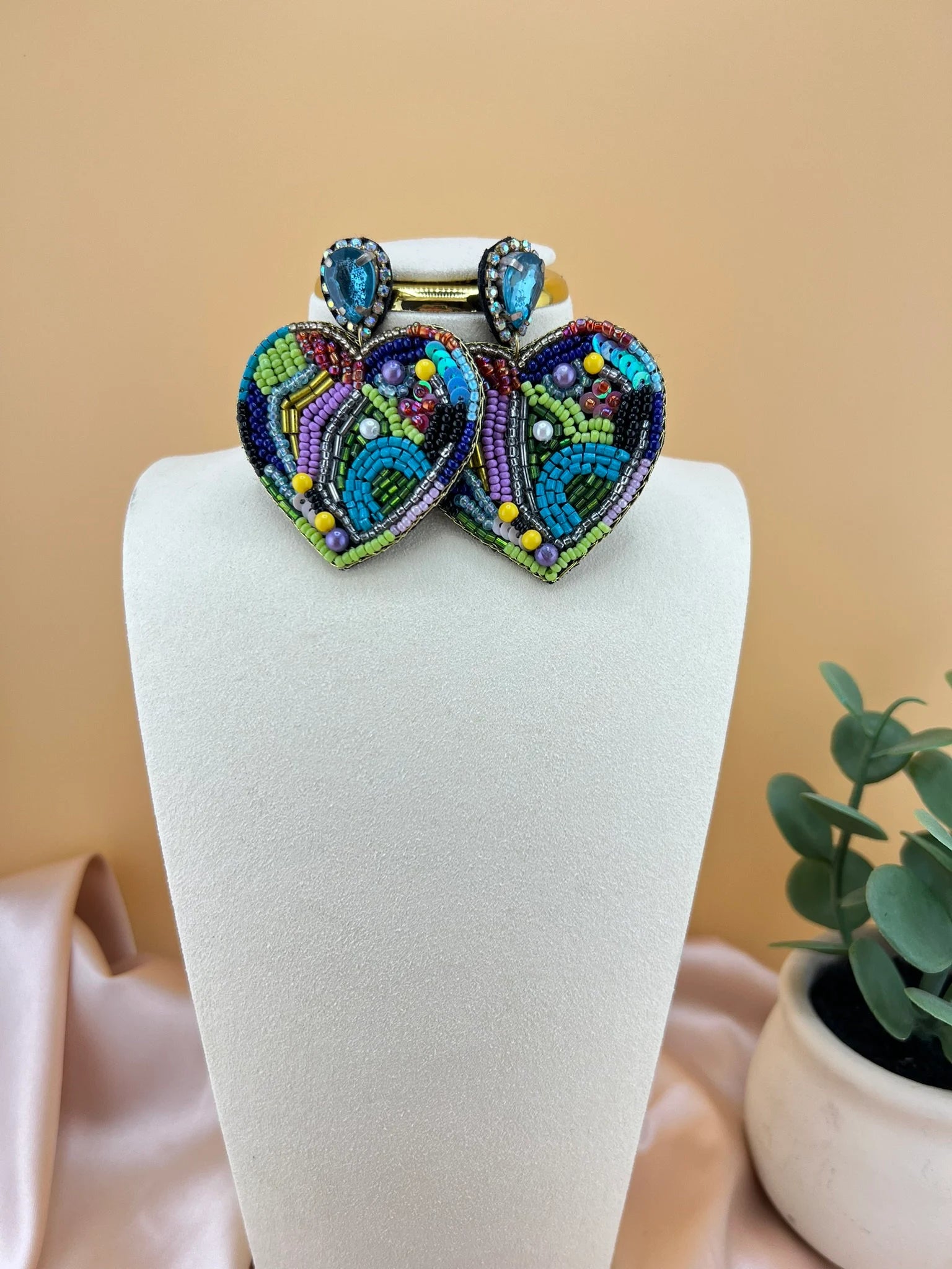 Colorful Heart Shaped Beaded earrings, quirky Handmade earrings