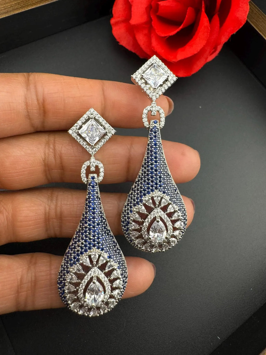 Blue Premium Nano Setting Cubic Zirconia Long Drop earrings with Clear crystal stones
