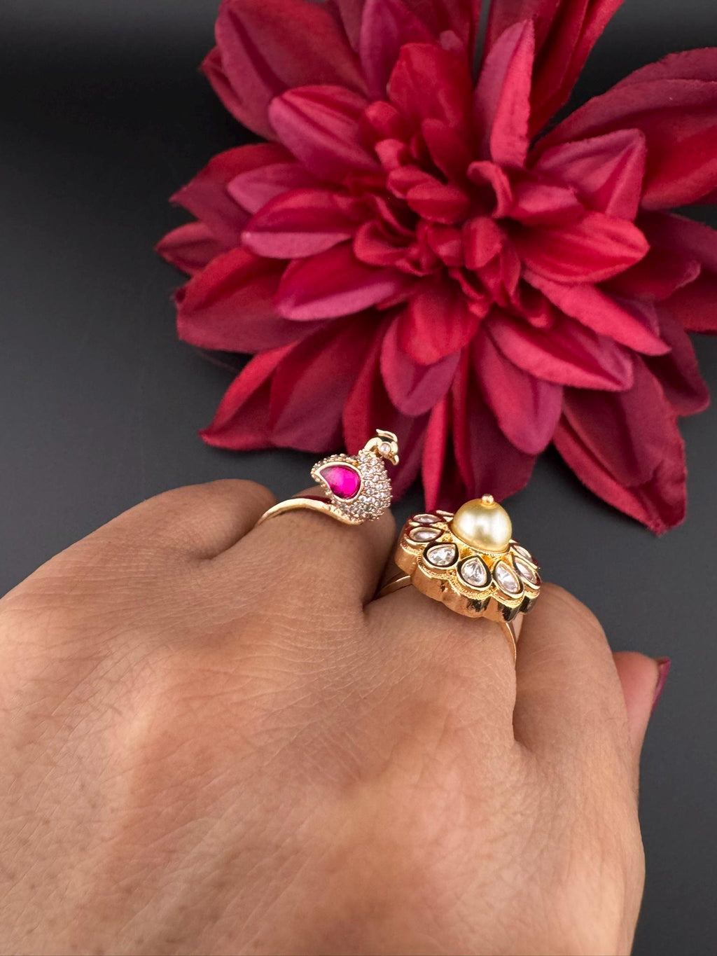 3D Premium 2 Finger Ring in kundan, Italian Mina(Enamel)/Adjustable Finger Ring/Indian Jewelry/Bollywood Jewelry/Indian Wedding jewelry