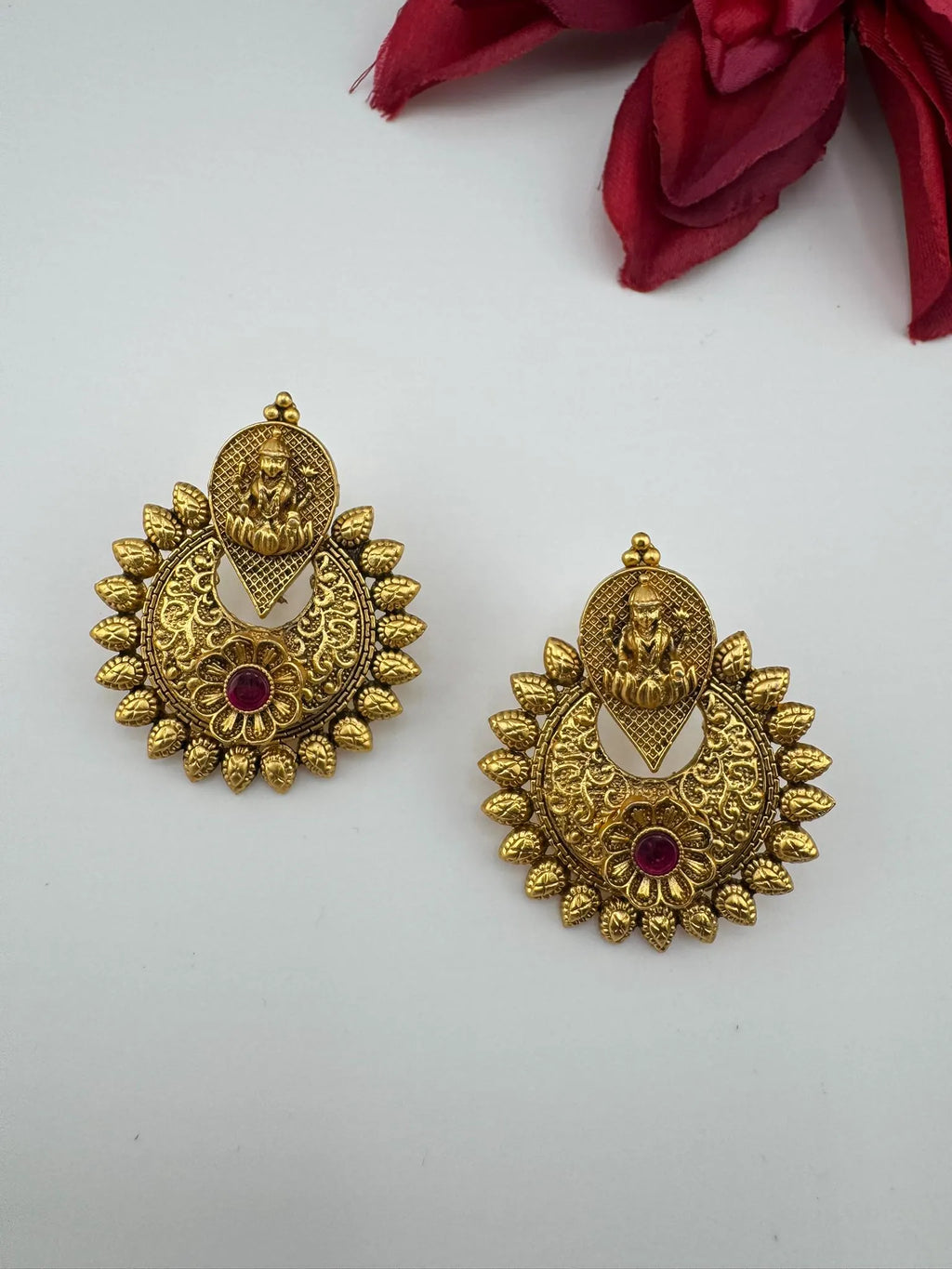 Premium Ruby and Pachi kundan Chand Bali in Matt Gold and Pearls is Amrapali inspired designer earrings