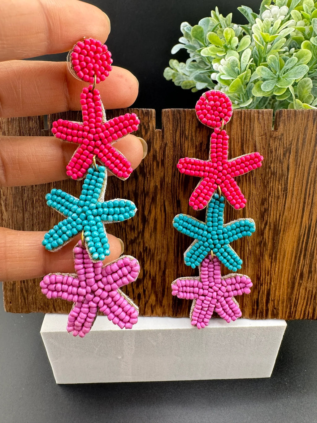 Beaded Multicolor long three star quirky earrings / Handmade earrings
