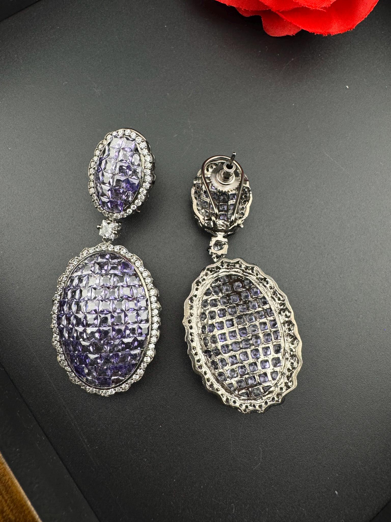 Premium Victorian Lavender Nano Setting Cubic Zirconia and Crystal stones long Drop earrings