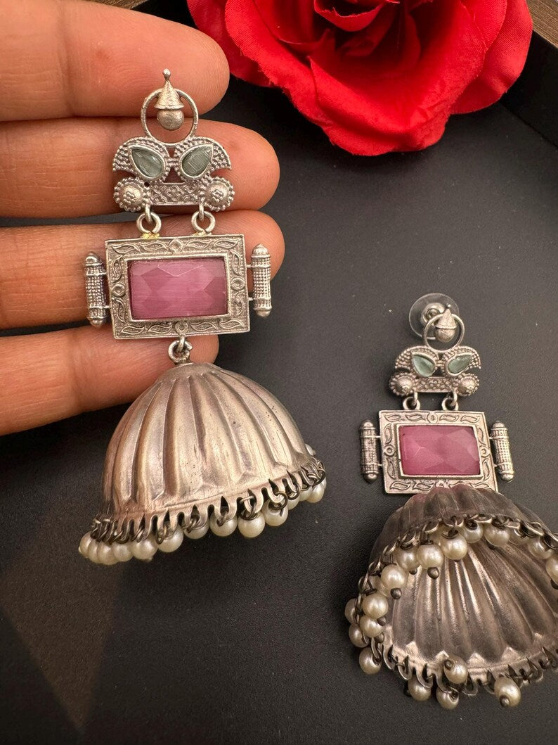 Oversized Oxidized German Silver Premium Jhumka earrings with Pink Monalisa stone