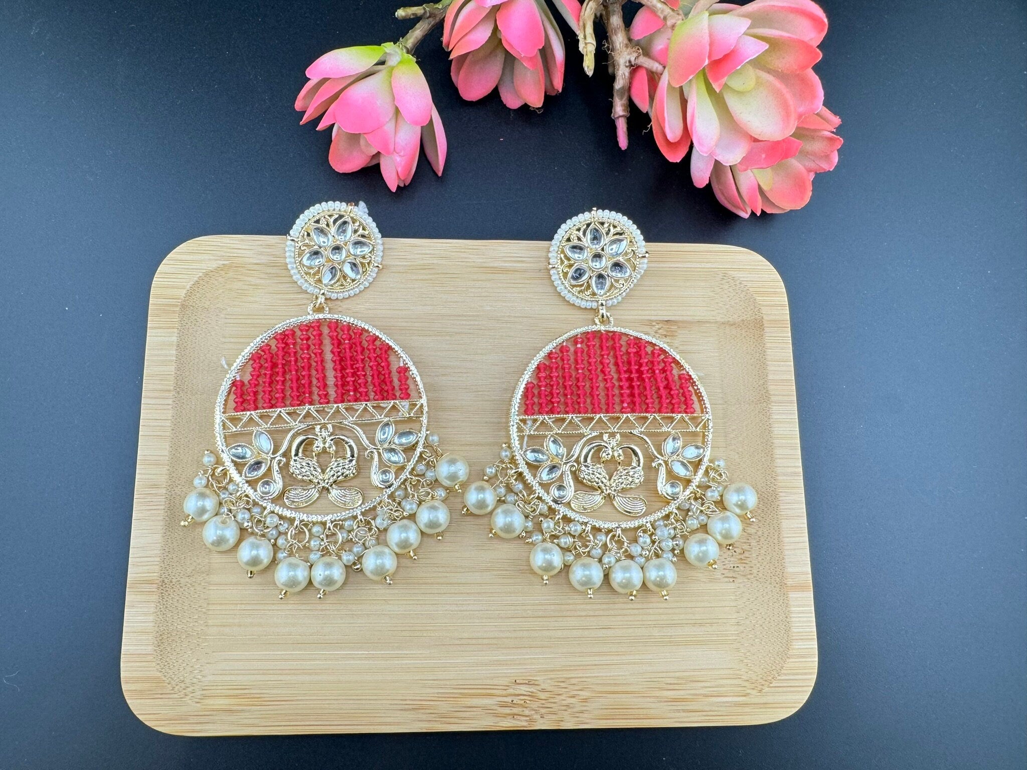 Glitter hydro beads kundan and Pearls Punjabi Chandbali Earrings