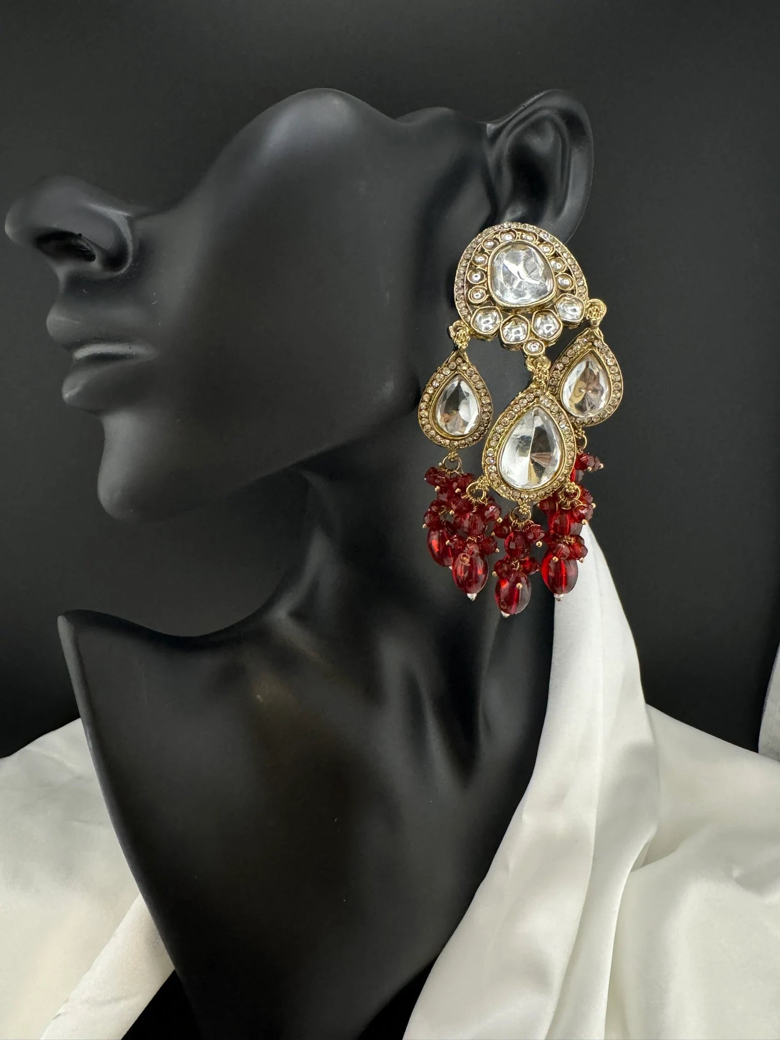 Kundan and Cubic Zirconia Long Chand Bali viral earring with stones and pearls