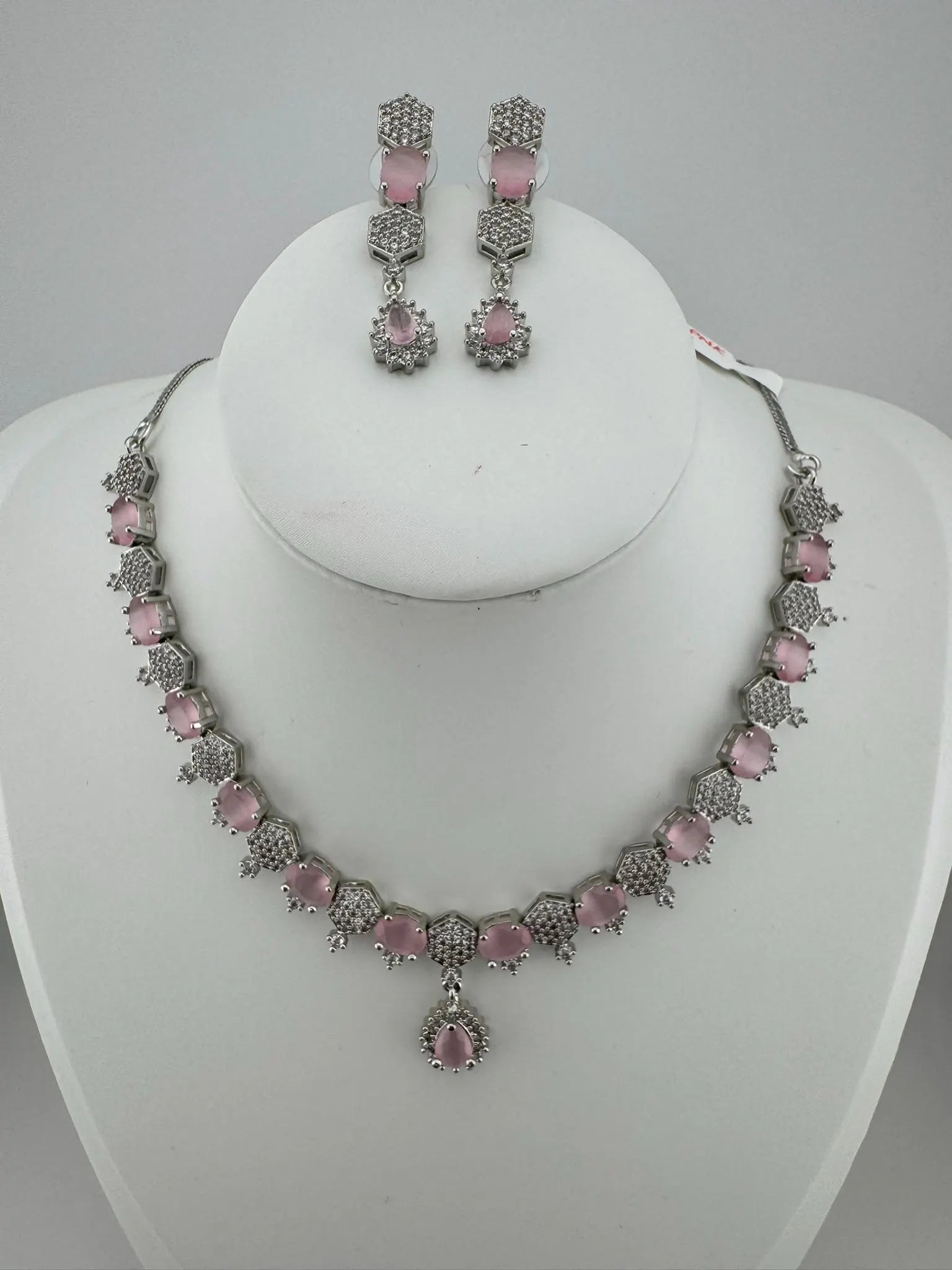 Premium Silver Polish American Diamond, Cubic Zirconia, glass stone Sleek Necklace set with long earrings