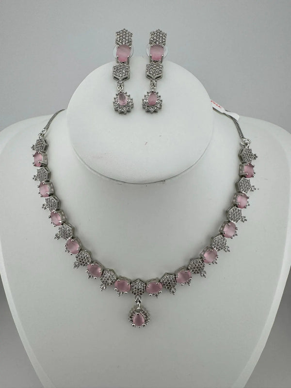 Premium Silver Polish American Diamond, Cubic Zirconia, glass stone Sleek Necklace set with long earrings