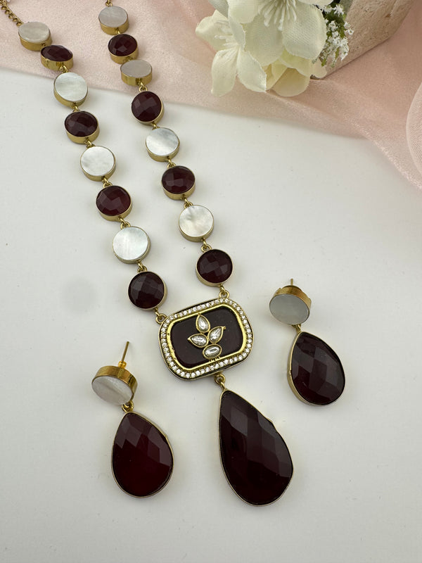 Kundan, CZ, MOP, Stone inlay Long Golden necklace set, Rani haar, everyday wear jewelry