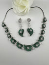 Nano Setting CZ Diamond Statement Green Necklace Set, White Gold Plated Choker, nature inspired