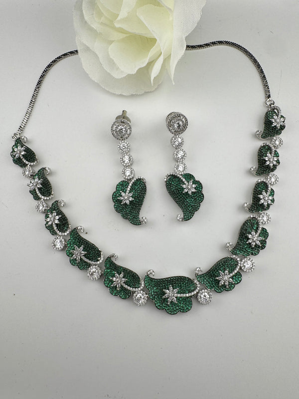 Nano Setting CZ Diamond Statement Green Necklace Set, White Gold Plated Choker, nature inspired