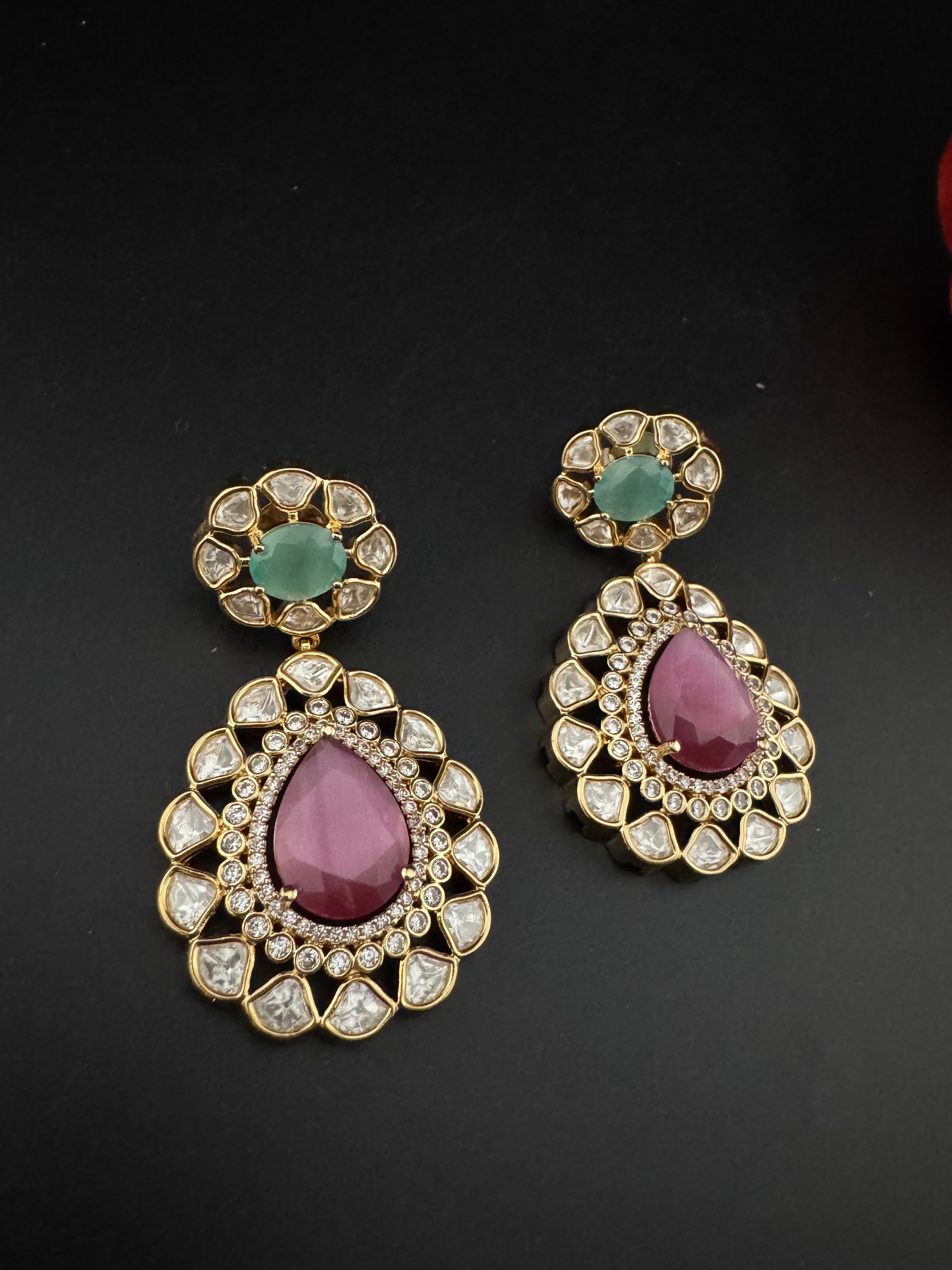 Pink and Green Kundan, CZ, Chandbali Earrings, High shine, Bridal, Moissanite, Tyaani inspired Designer jewelry