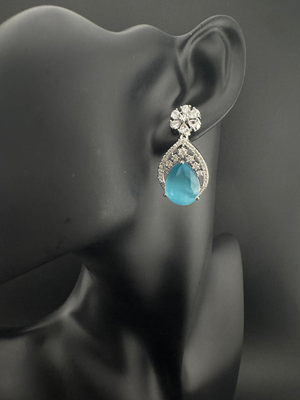 Cubic Zirconia, Diamond, stone, Silver Polish Designer inspired Dangle Drop earrings, Indian Jewelry