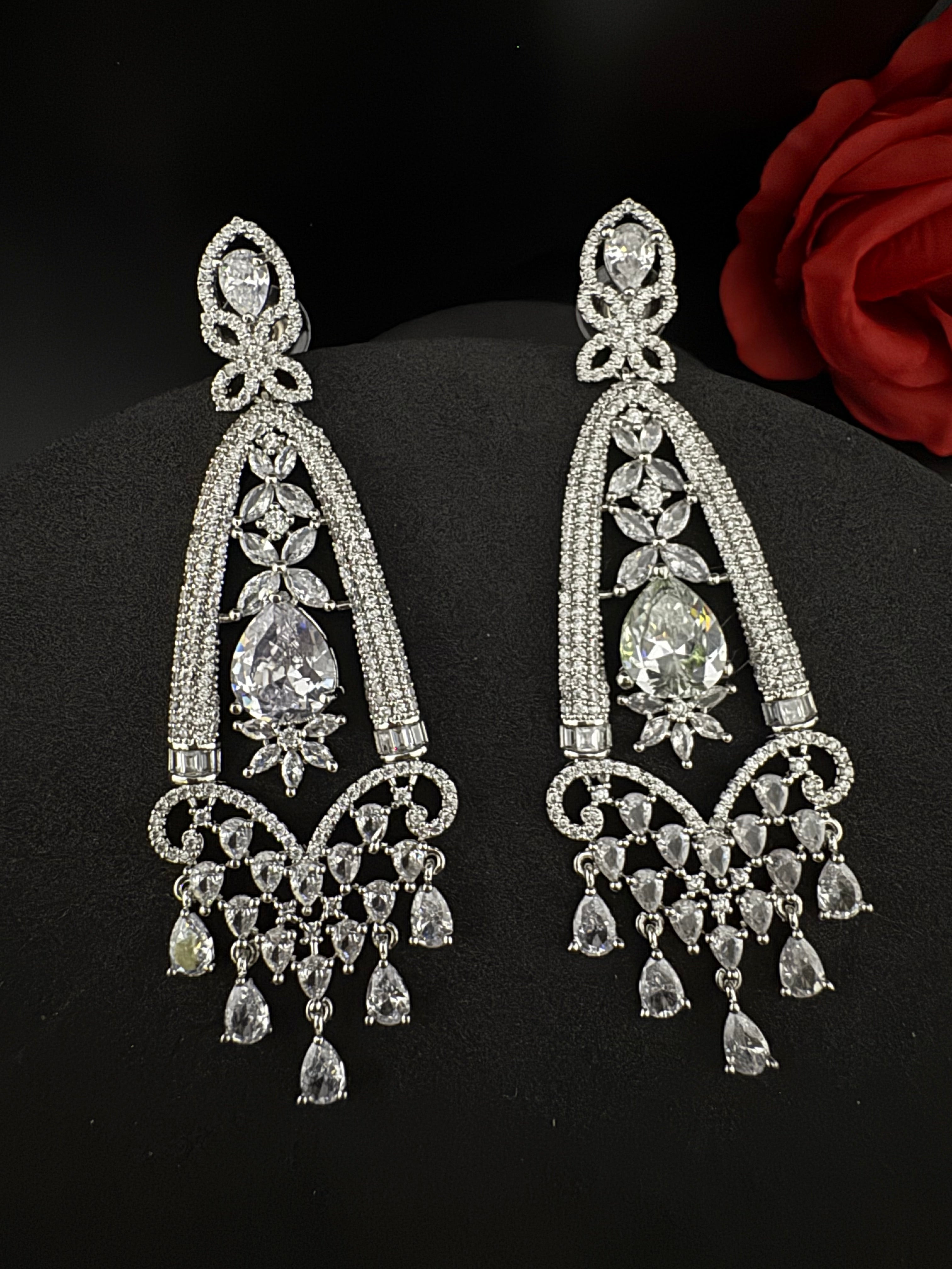 Premium Cubic Zirconia Crystals Chandelier earrings is designer Inspired, Statement Long sleek earring, Bridal, Party, Wedding jewelry, chic