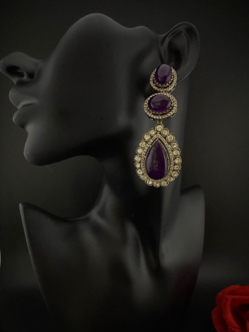 Purple and Gold Kundan, Doublet Stone Chandelier Long Earrings, Bridal, Moissanite, CZ, Designer jewelry