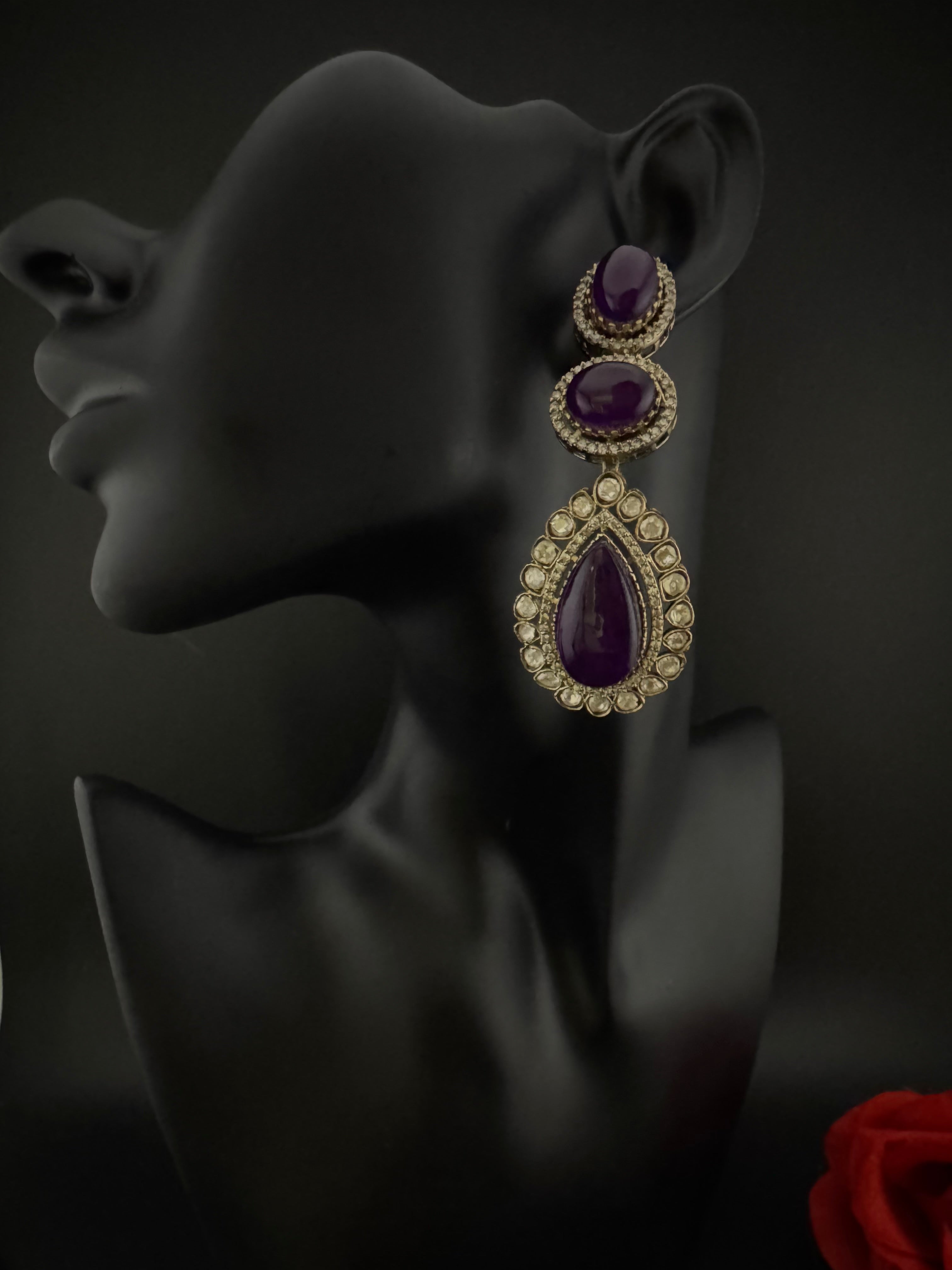 Purple and Gold Kundan, Doublet Stone Chandelier Long Earrings, Bridal, Moissanite, CZ, Designer jewelry
