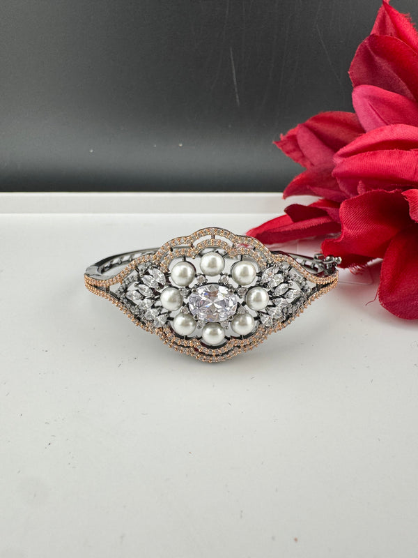 Openable Designer bracelet with Pearls, crystal stones, CZ Nano setting, Fits size upto 2.6"