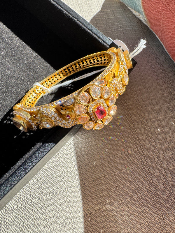 Peacock Amarapali inspired Moissanite Kundan, CZ, Stone Bracelet Bangle, Gold Polish (Fits 2.6" wrists)