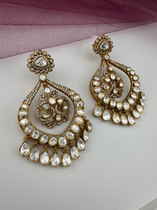 Gold with kundan, cubic zirconia chandbali Drop earrings, Indian Jewelry