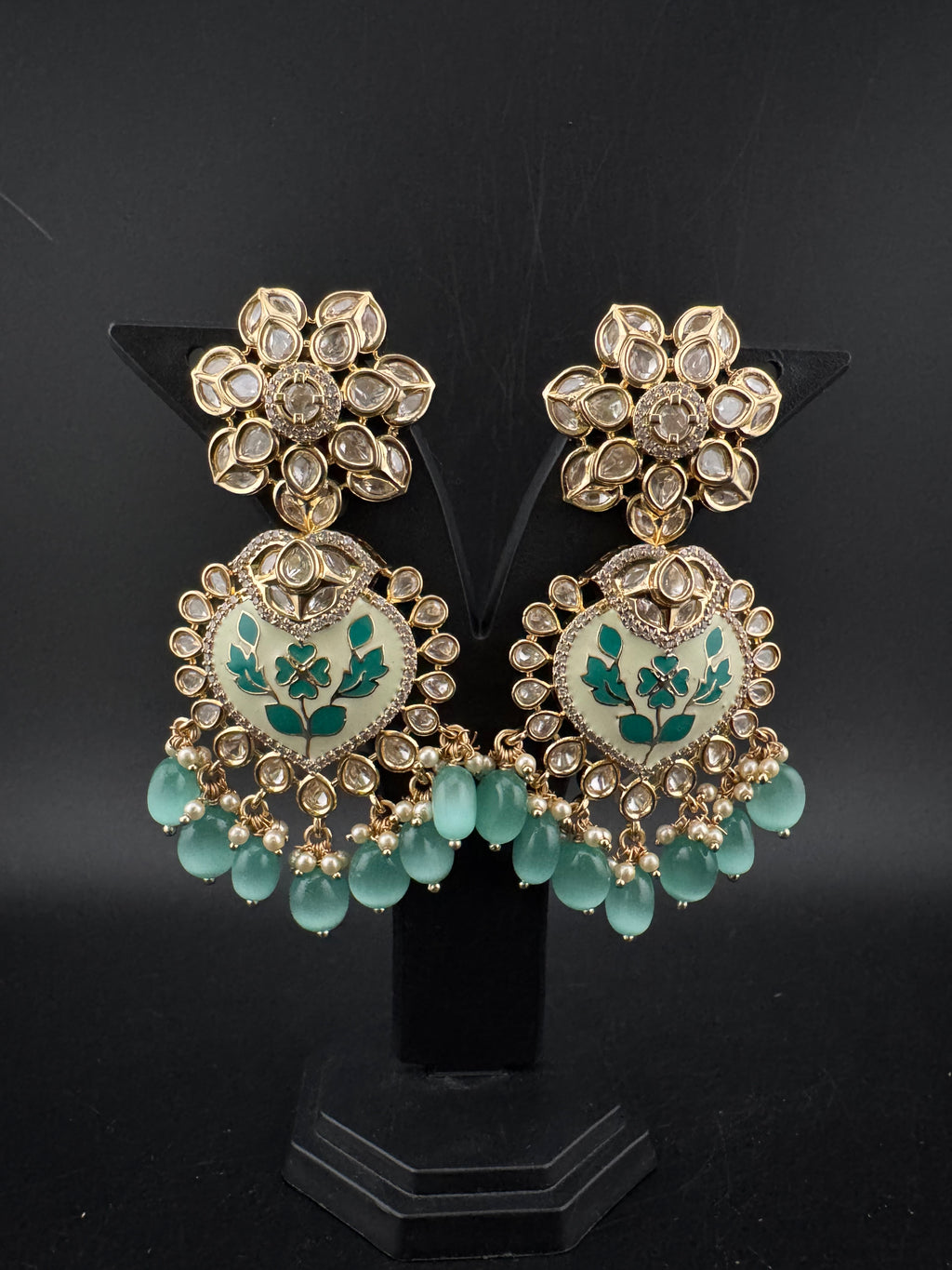 Enamel and Gold Kundan Chandelier Long Earrings, High shine Bridal Moissanite CZ, Designer Earrings