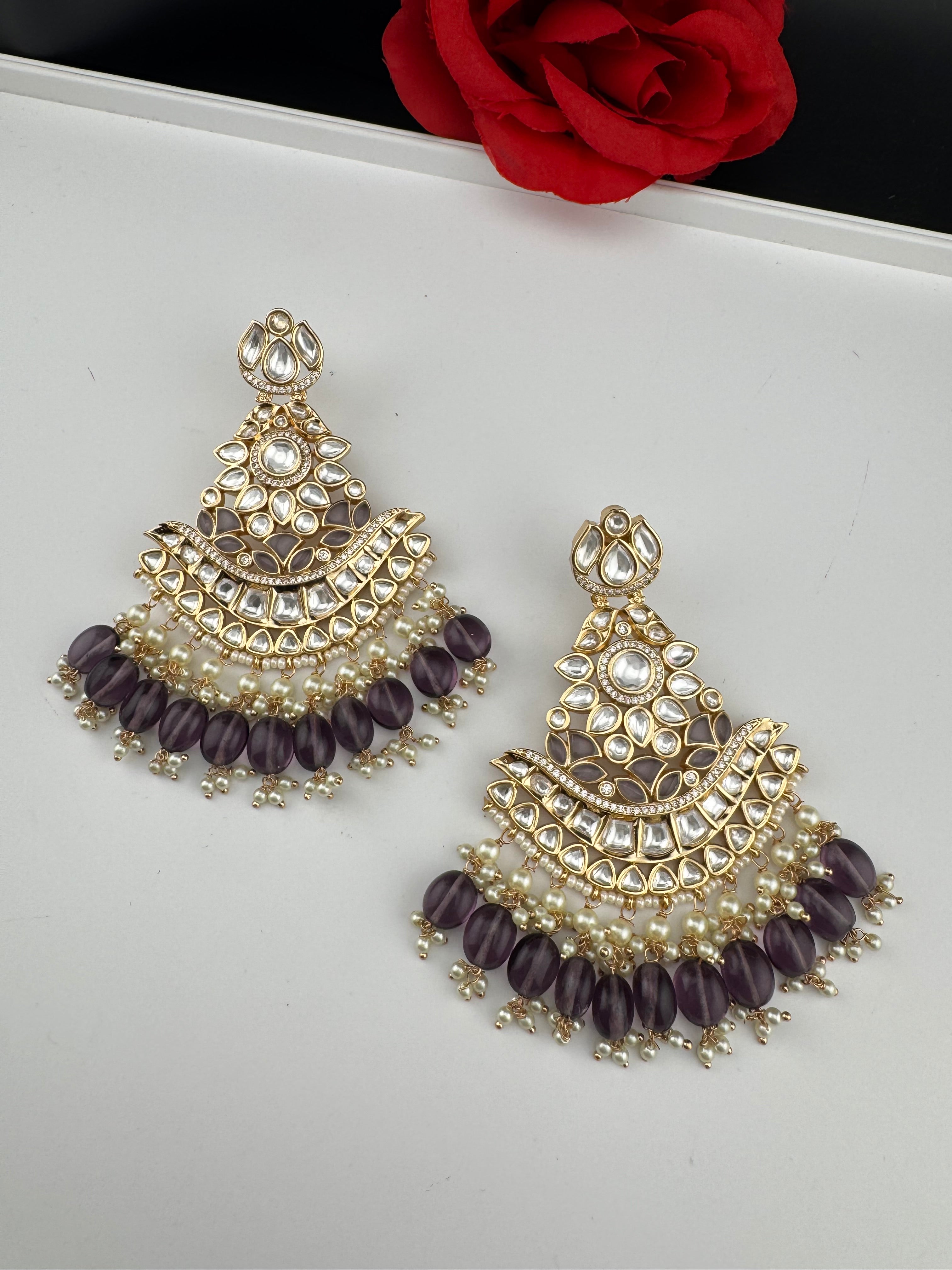 Purple and Gold Kundan Chandelier Earrinngs, High shine Bridal Moissanite CZ, Shiney Gold Designer