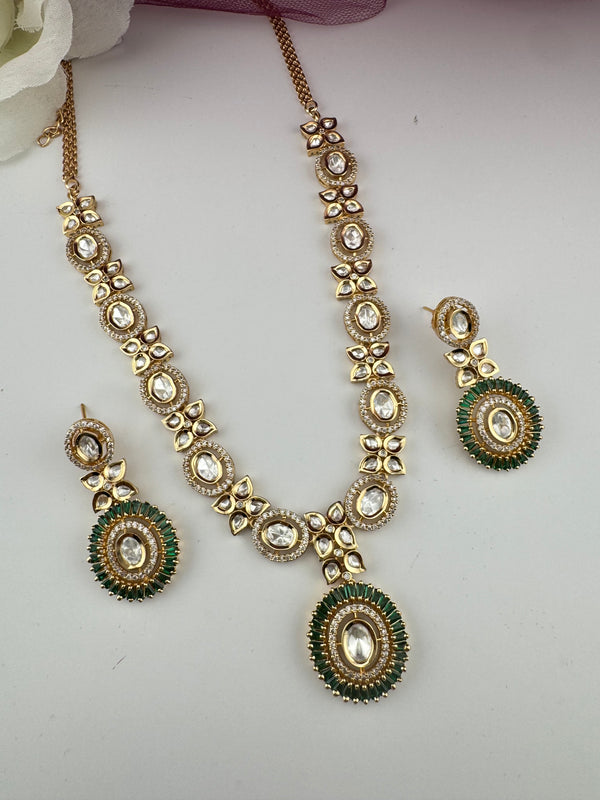 Cubic Zirconia, Kundan, Long Gold Necklace Set, Indian Bridal Rani Haar