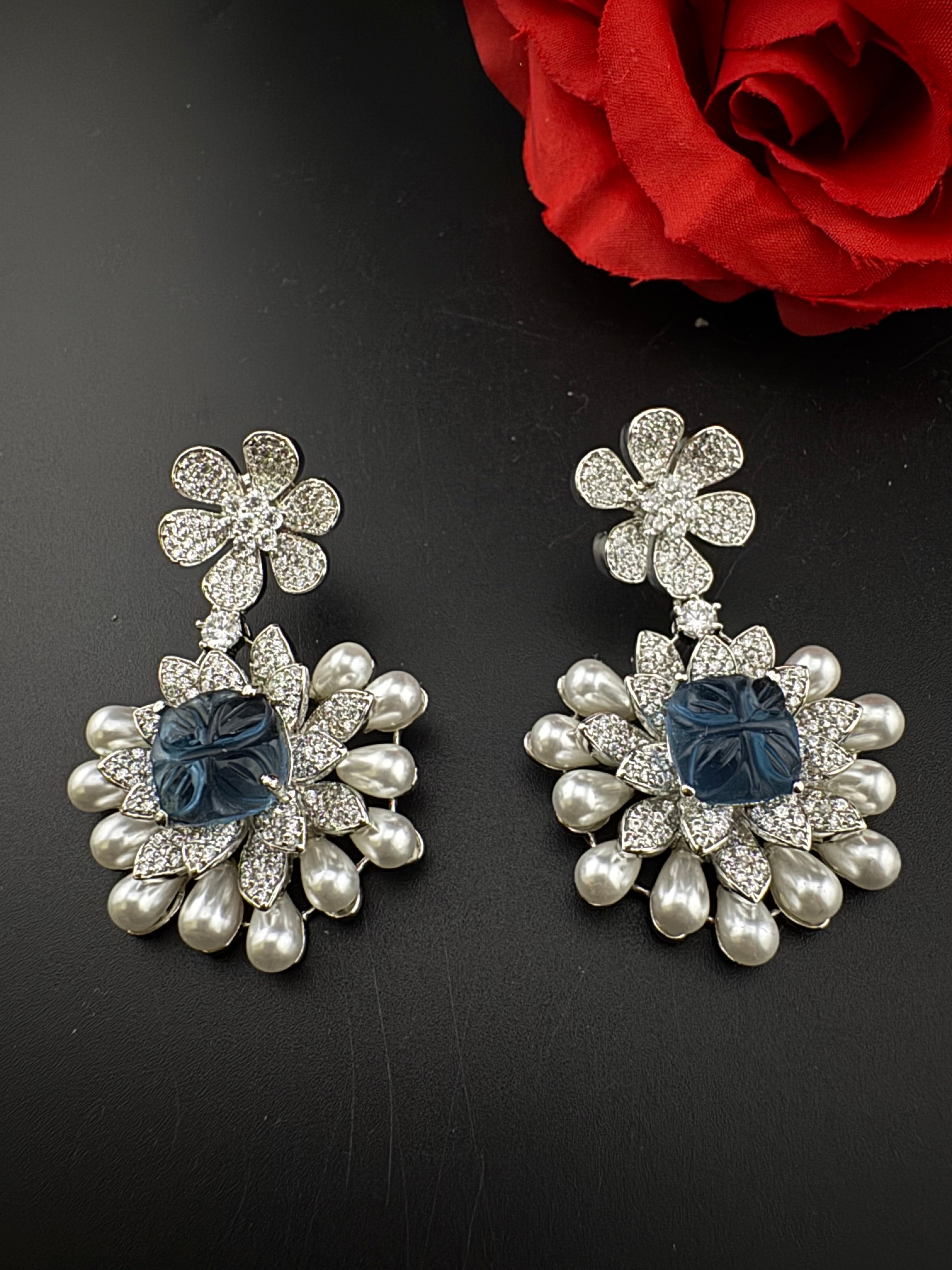 Premium Nano Setting Cubic Zirconia Carved Stone Pearls Drop earrings in unique 3D shape, stylish, Statement earring/Bridal Bridesmaid gift