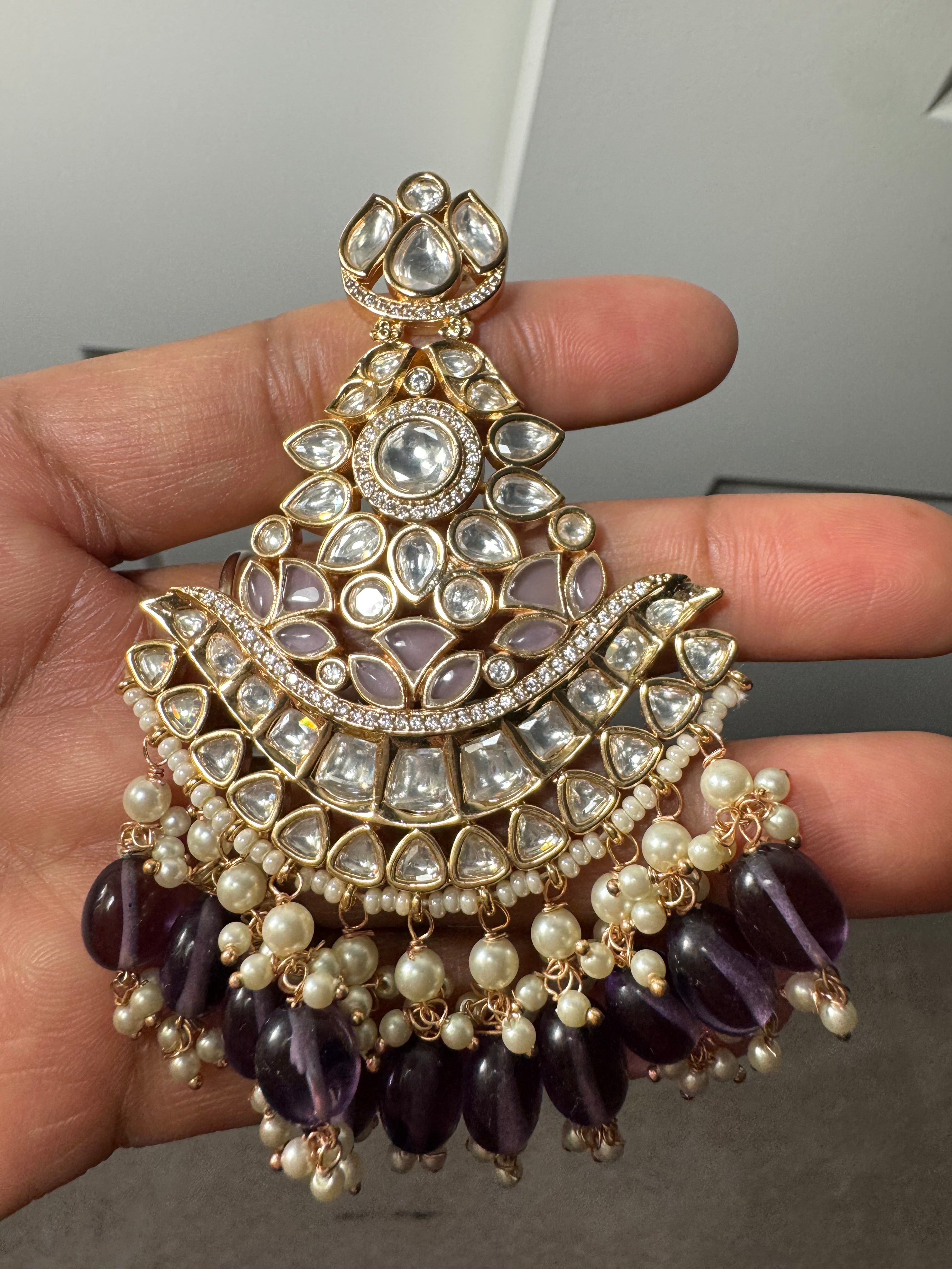 Purple and Gold Kundan Chandelier Earrinngs, High shine Bridal Moissanite CZ, Shiney Gold Designer