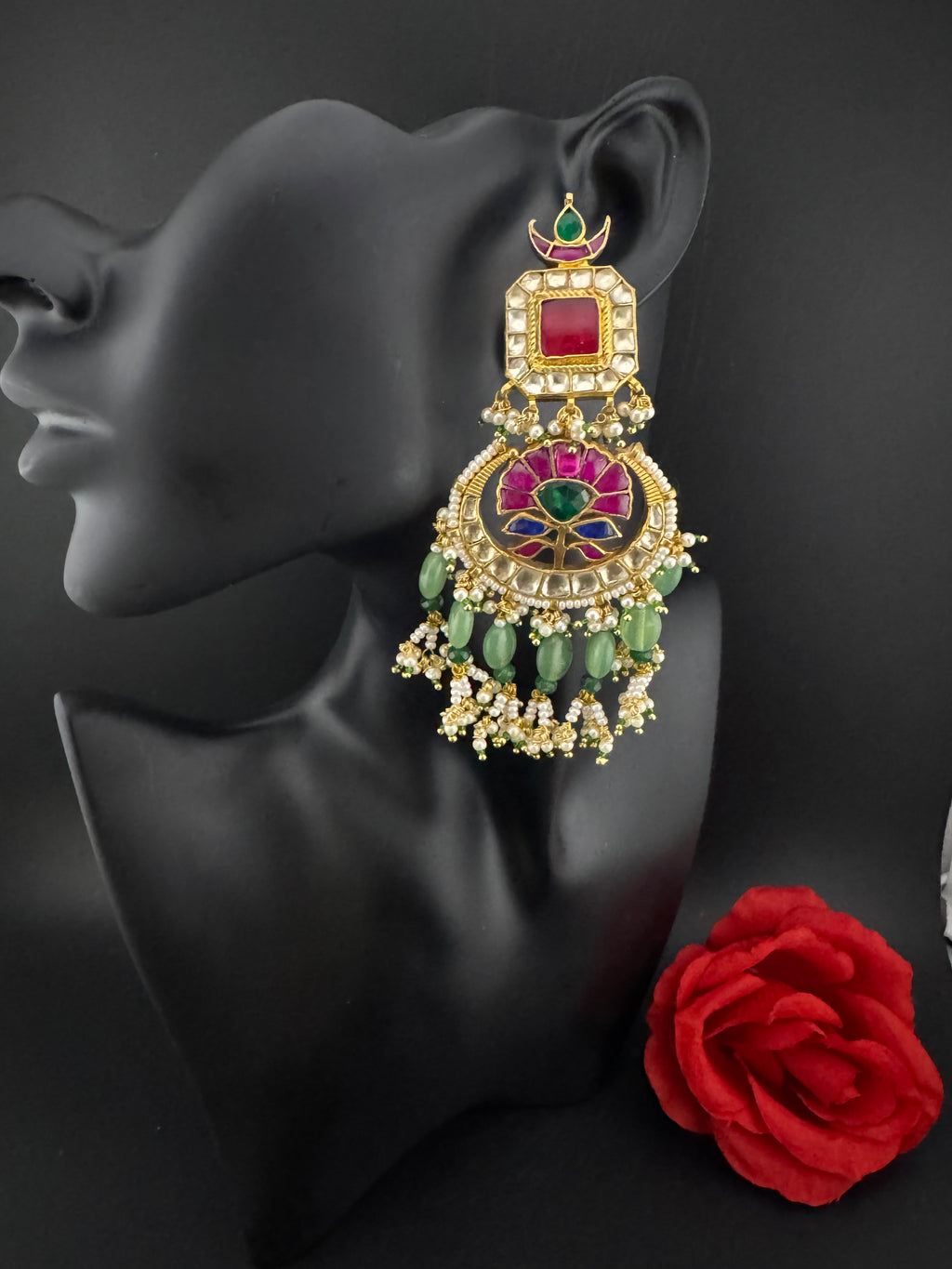 Multicolor pacchi Kundan stones Pearls Oversized Chandelier Long Earrings, Bridal, Designer jewelry