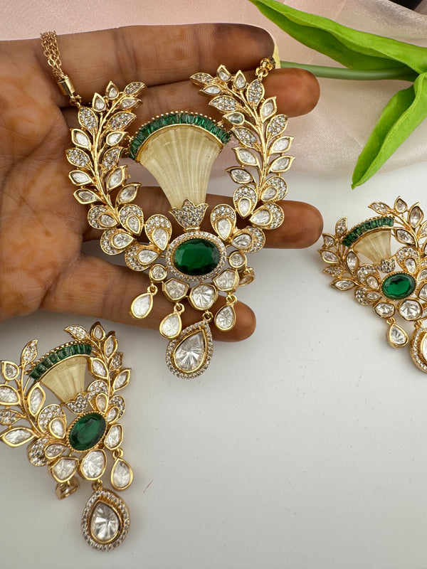 Kundan, CZ, MOP, Stone, Uncut Polki Long Pendant necklace set, Pendant set, everyday wear jewelry