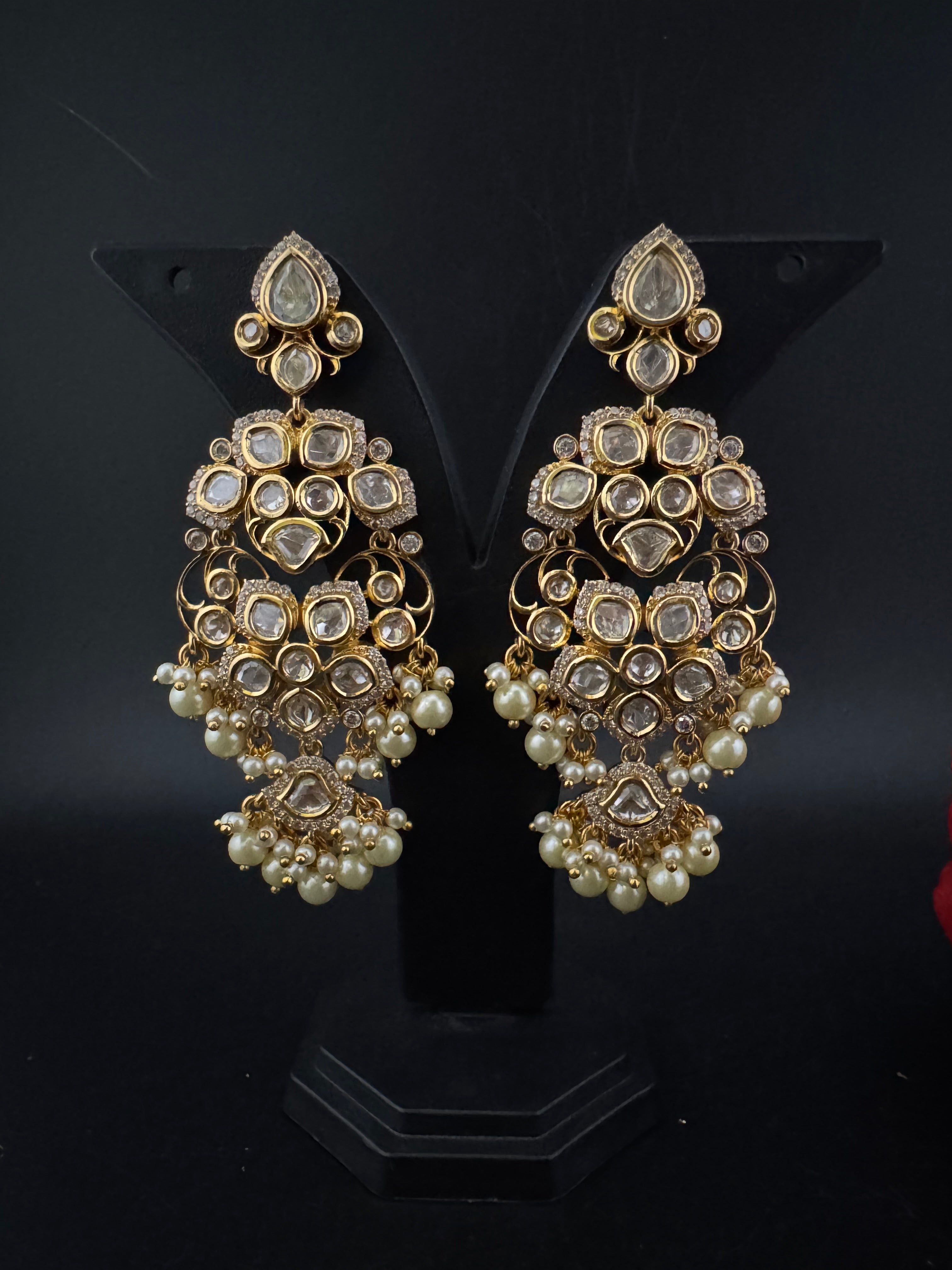 White and Gold Kundan, Pearls Chandelier Earrings, High shine Bridal, Moissanite, CZ, Designer jewelry