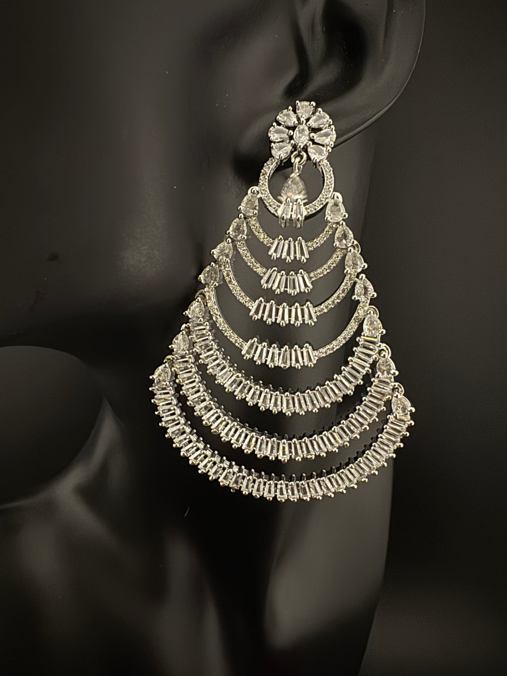 Premium Cubic Zirconia silver Chandelier Oversized earrings is designer Inspired, Statement Long earring, Bridal, Party, Wedding jewelry,