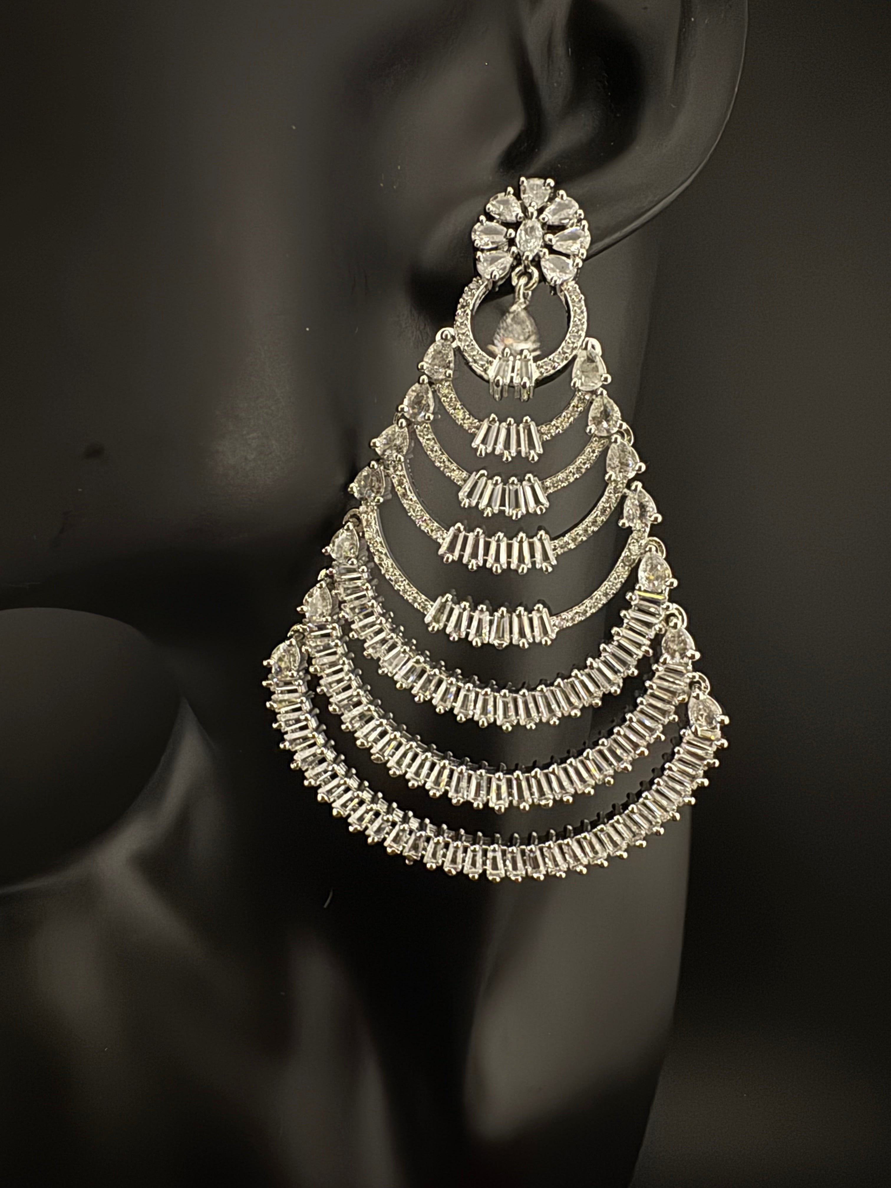 Premium Cubic Zirconia silver Chandelier Oversized earrings is designer Inspired, Statement Long earring, Bridal, Party, Wedding jewelry,