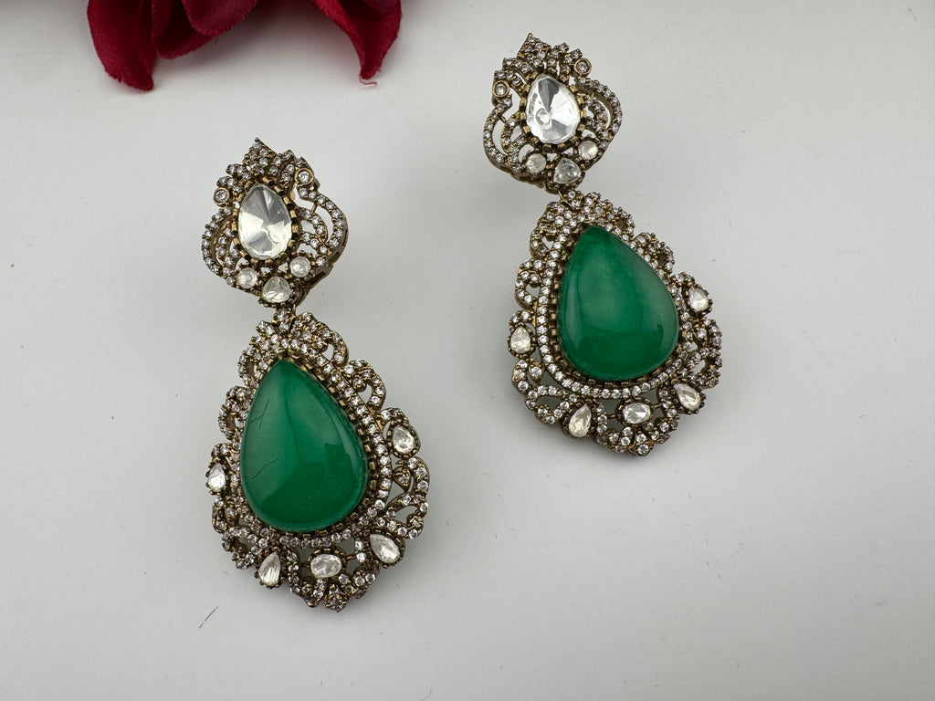 Green and Gold Kundan, Doublet Stone Chandelier Long Earrings, Bridal, Moissanite, CZ, Designer jewelry
