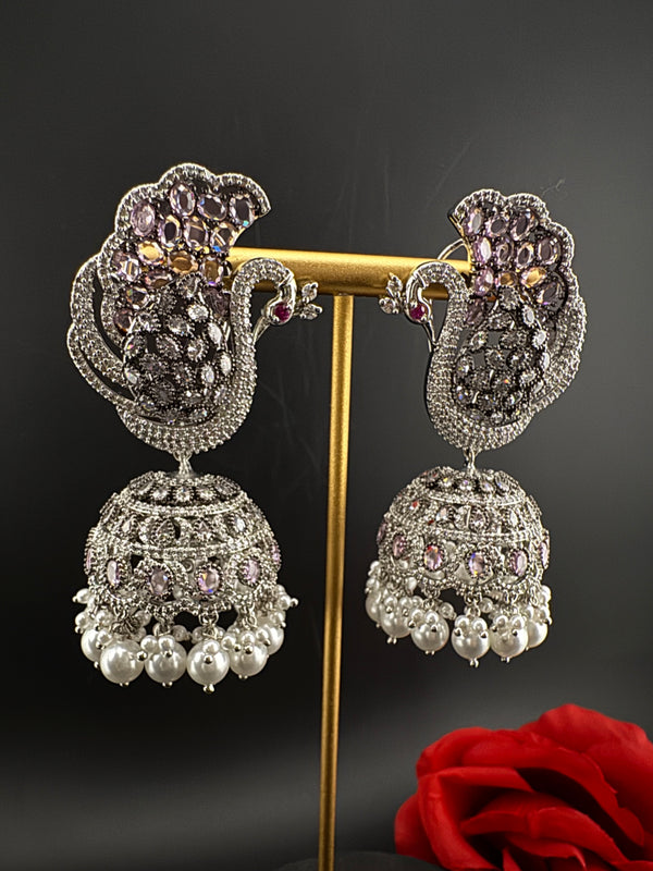 Premium Cubic Zirconia Peacock jhumka earrings is designer Inspired, Statement Long earring, Bridal, Party, Wedding jewelry, chic, Indian