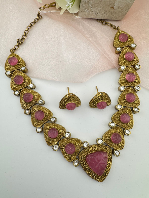 Kundan, Carved Stone, Gold plated necklace set, Indian Bridal Jewelry set