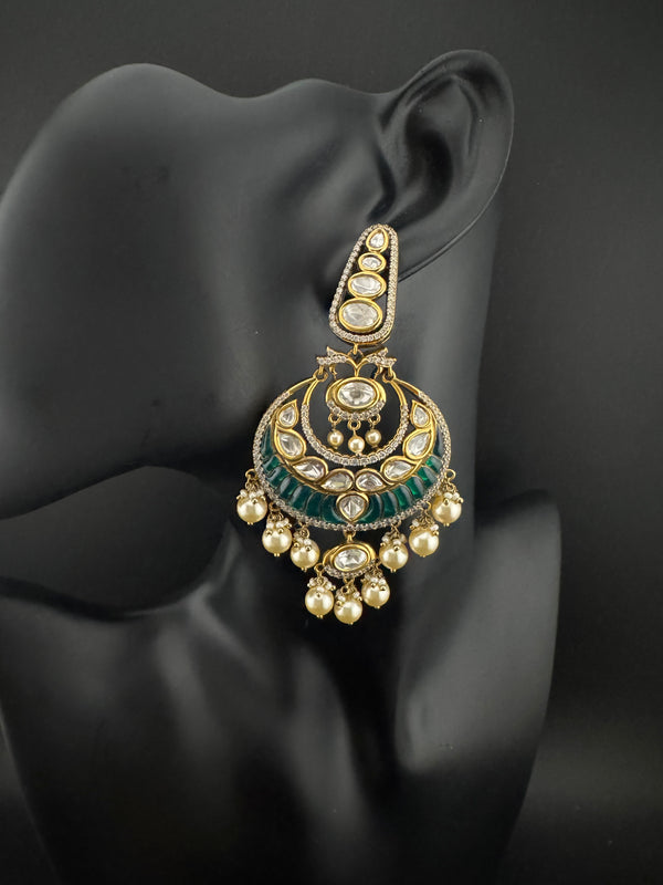 Green and Gold, pacchi Kundan, Pearls Chandelier Long Earrings, Bridal, Moissanite, CZ, Designer jewelry