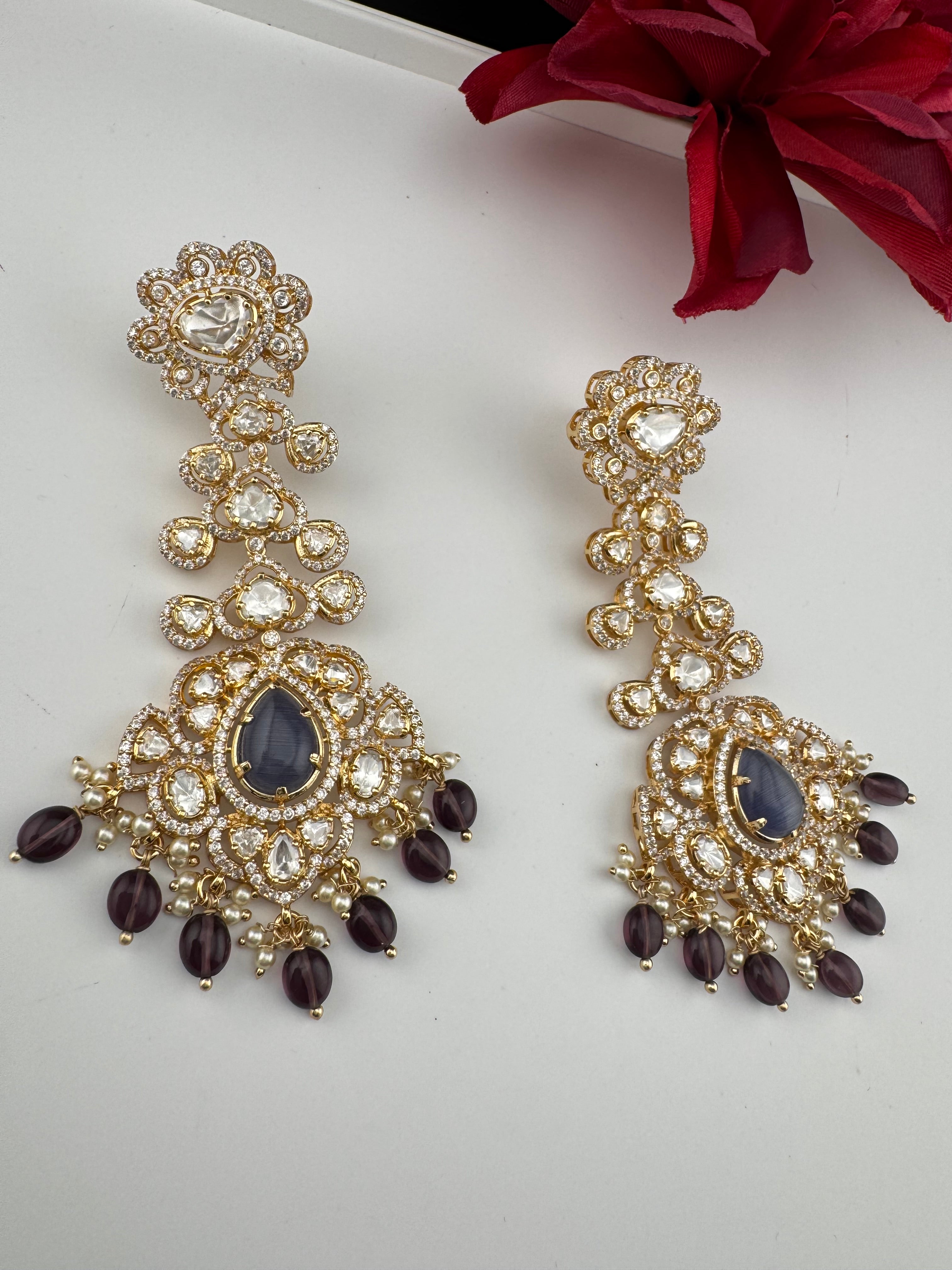 White and Gold Kundan, Pearls Chandelier Long Earrings, Bridal, Moissanite, CZ, Designer jewelry