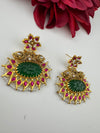Gold and Green Carved stone, pacchi Kundan, Pearls Chandelier Chandbali Earrings, Bridal Designer jewelry