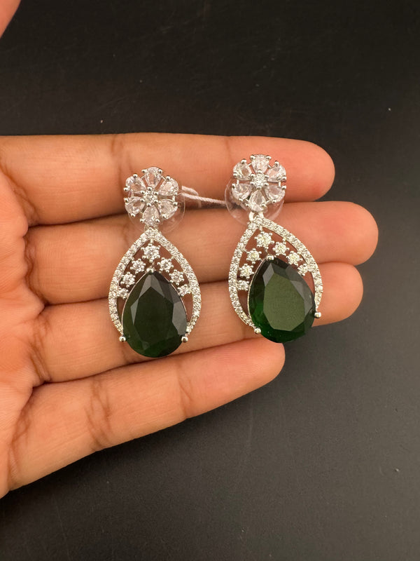 Cubic Zirconia, Diamond, stone, Silver Polish Designer inspired Dangle Drop earrings, Indian Jewelry