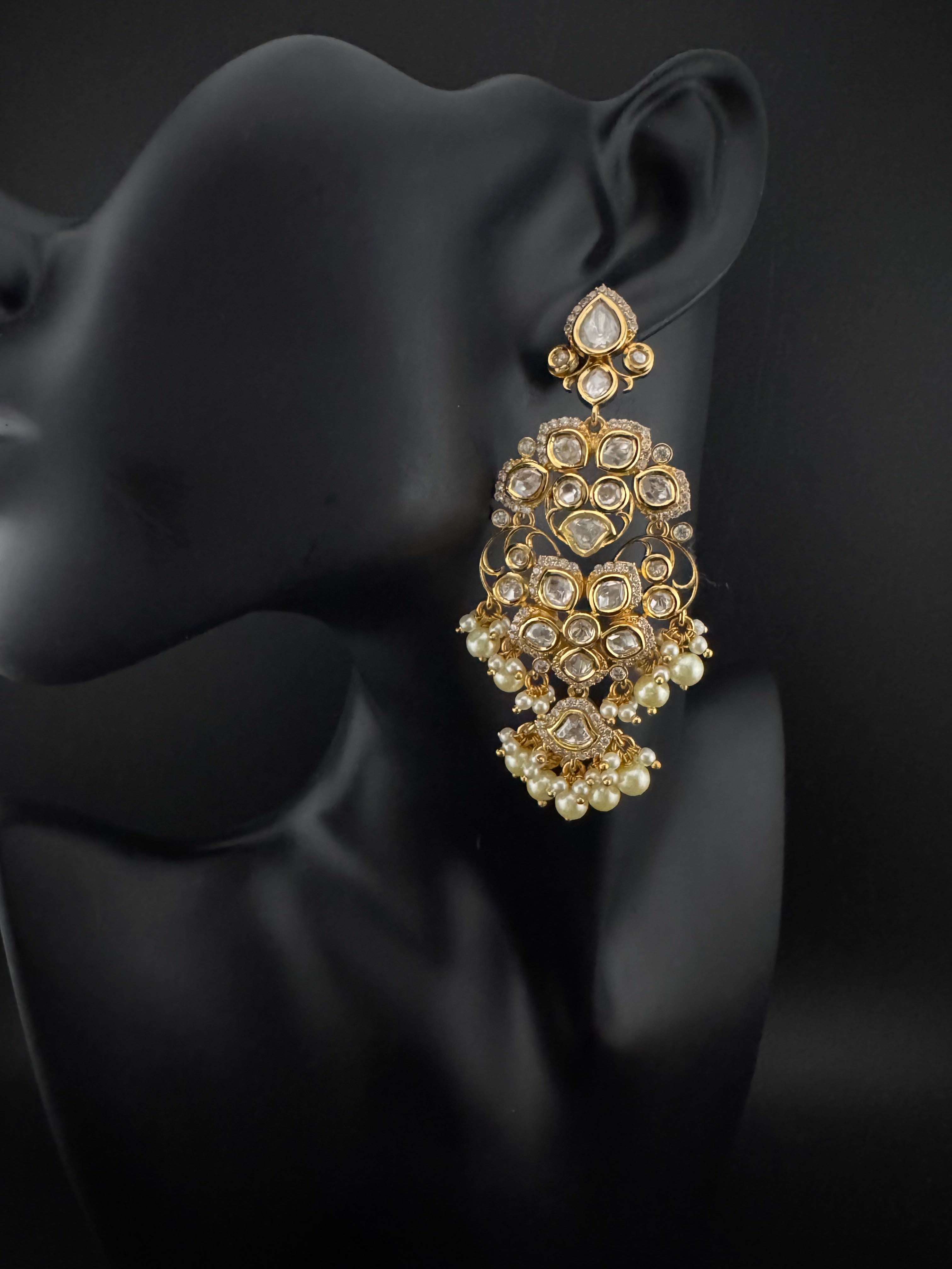 White and Gold Kundan, Pearls Chandelier Earrings, High shine Bridal, Moissanite, CZ, Designer jewelry