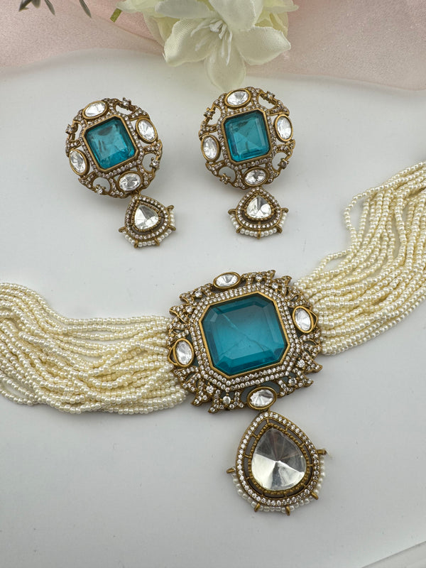Hydro beads, CZ, Doublet Stones Choker necklace set, Indian Bridal Jewelry, chic set
