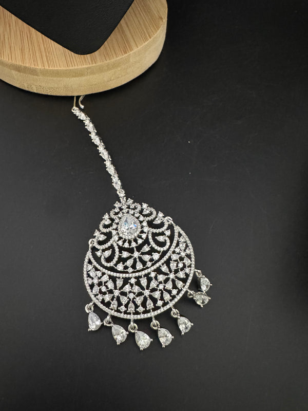 Silver Cubic Zirconia/Diamond Tikka, Indian Maang Tikka, Headpiece, Bridal jewelry