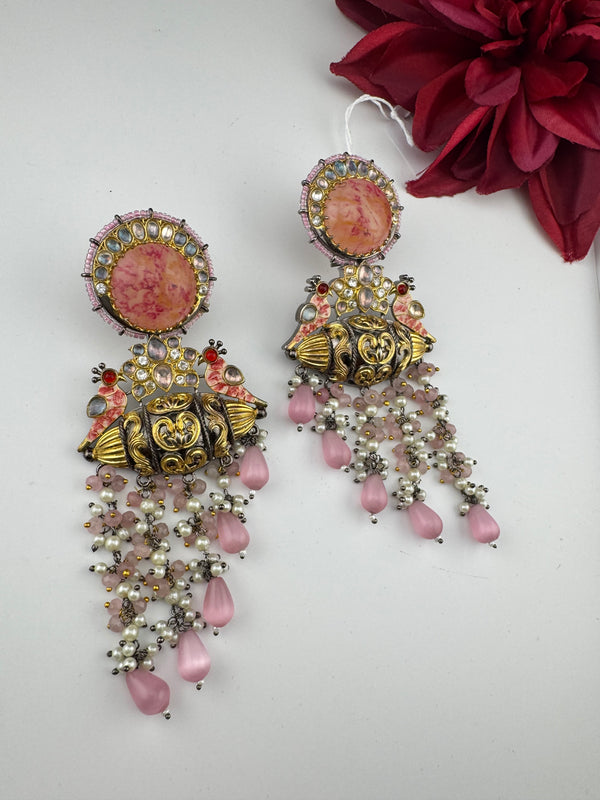 Matt Gold, kundan, Doublet stone, Pearls ChandBali Very long Earrings, Amrapali designer jewelry