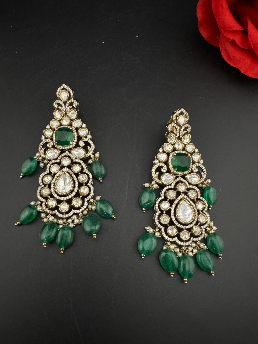 Green and Gold Kundan, Pearls Chandelier Long Earrings, Bridal, Moissanite, CZ, Designer jewelry