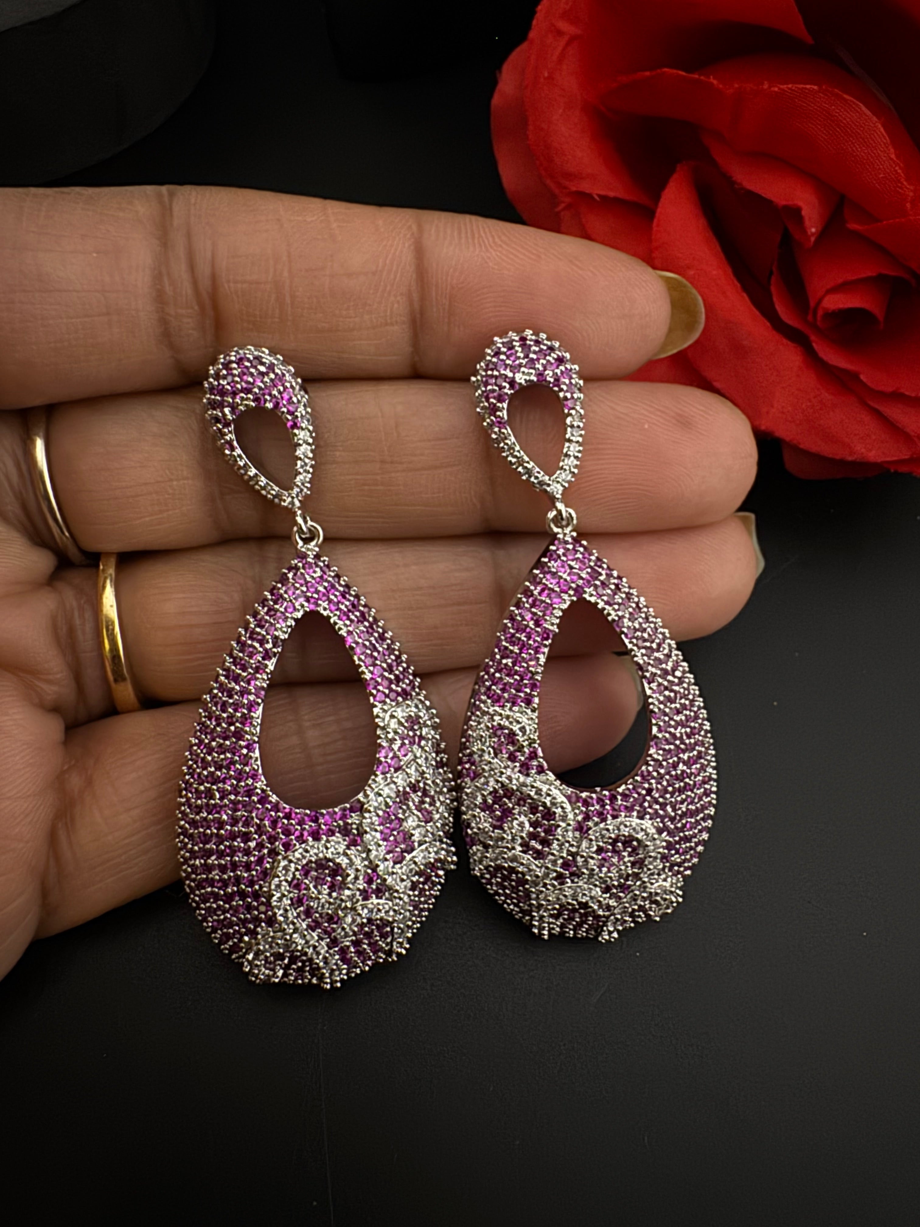 Premium Nano Setting Cubic Zirconia Long earrings in Drop shape, stylish, designer Inspired Statement long earring/Bridal Bridesmaid earring