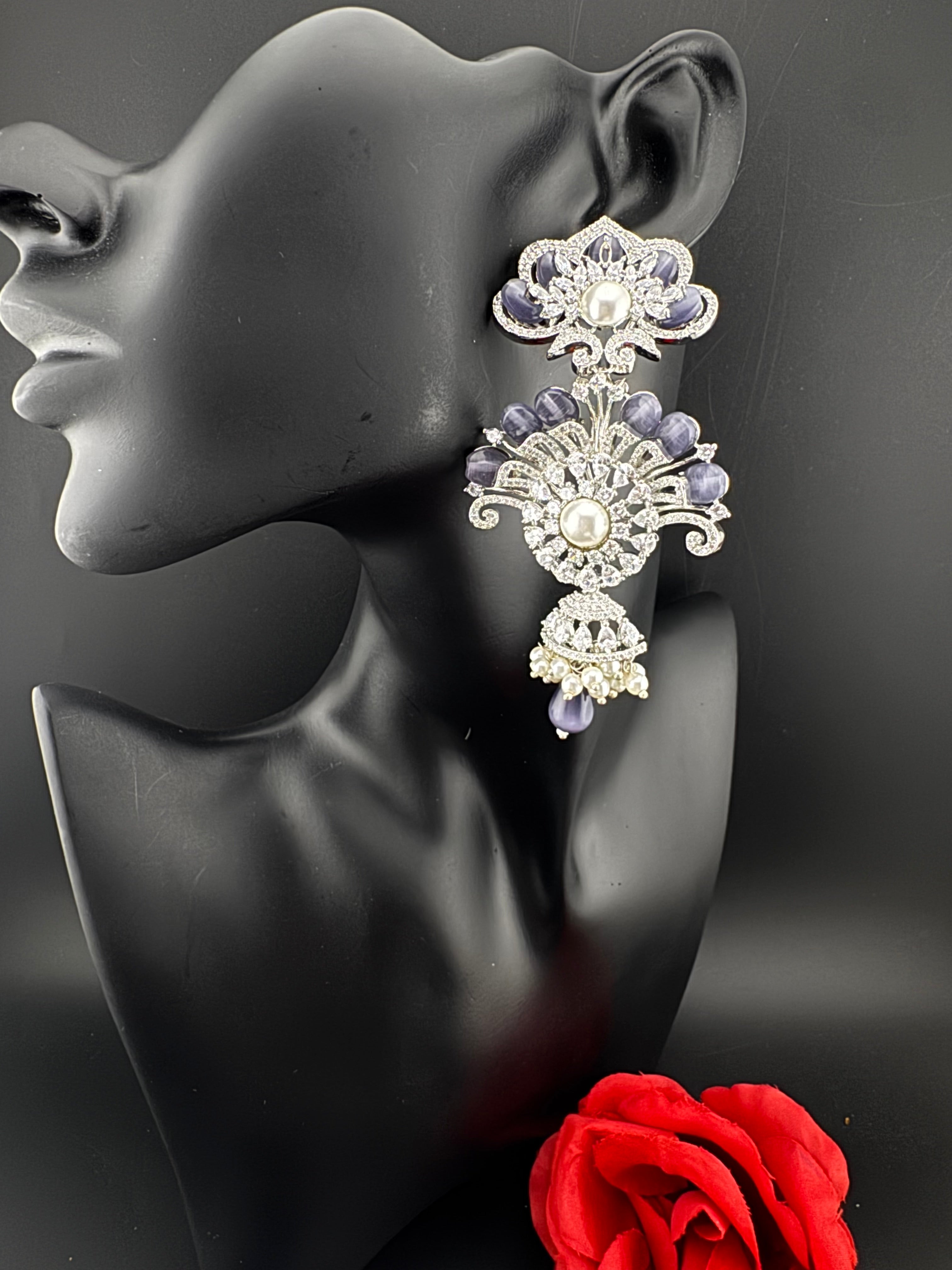 Premium Cubic Zirconia Pearl Chandelier Long earrings is designer Inspired, Statement Long Big earring, Bridal, Party, Wedding jewelry,